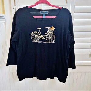 Karen Scott Black Top with Gold Bicycle Motif